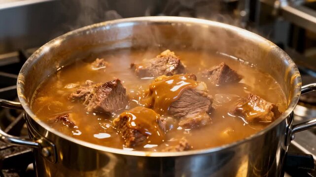 Heavyduty kettle bubbling with thick glossy gravy meat chunks and rich broth meld together under precise heat control for premium canned meals.