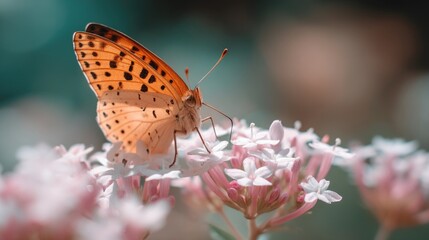 Obraz premium Close-Up of Orange Butterfly Perched on Delicate Pink Flowers in a Soft-Toned Natural Environment Highlighting Beauty of Nature and Pollination