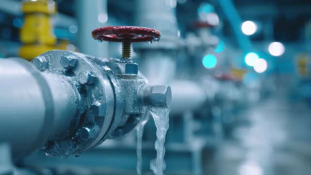 Closeup medium shot of a valve controlling chemical flow with main object crisp and surrounding piping softly out of focus.