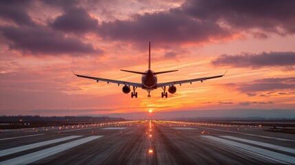 Obraz premium Vacation travel trip journey in holiday season. An airplane taking off from an airport runway at sunset, with the sky painted in hues of orange, pink, and purple.