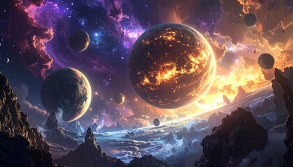 A vibrant cosmic scene featuring various planets amidst a swirling nebulae, with a foreground of jagged rock formations