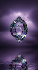 Fototapeta premium Image of faceted crystal shape reflected in rippling water with a cloudy purple background, representing clarity and reflection, a unique gemstone