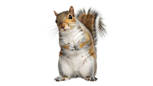 Eastern grey squirrel standing upright, curious wild squirrel with fluffy tail, brown and grey rodent in alert pose, woodland animal portrait isolated PNG with Transparent Background