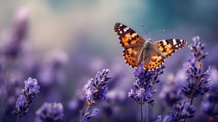 Obraz premium Butterfly resting on beautiful lavender flowers in a colorful garden, showcasing vibrant orange and black wings against a soft lavender backdrop