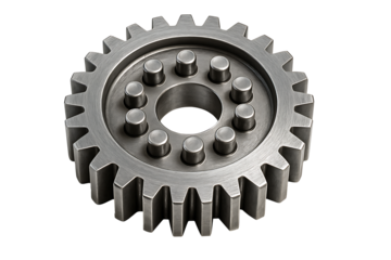 Industrial stainless steel metal gear cogwheel isolated on black background for mechanical concepts.