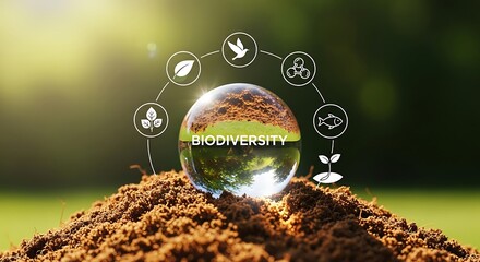"BIODIVERSITY" Text on Glass Sphere Nestled in Soil, Adorned with Environmental Icons, Highlighting Ecological Preservation.