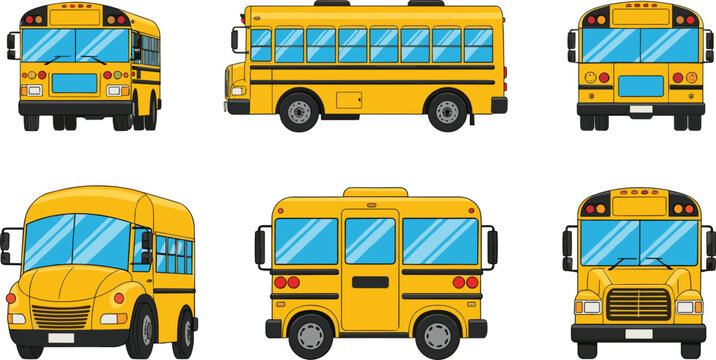 Yellow school bus vehicle views collection showing front side rear angles vector illustration set