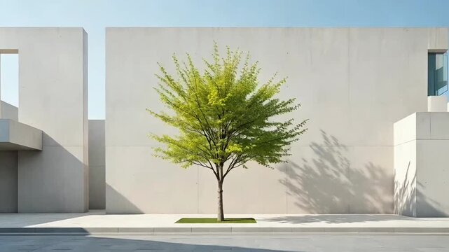 Minimalist Modern Architecture with a Single Green Tree Against a Stark White Concrete Wall