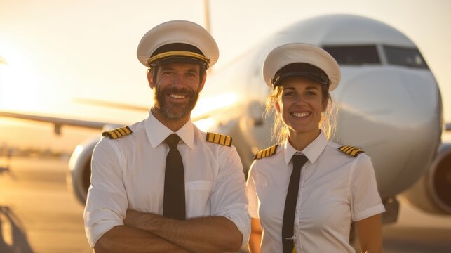 Vacation travel trip journey in holiday season. A man and woman in white uniforms, likely pilots, standing side by side in front of an airplane at sunset.