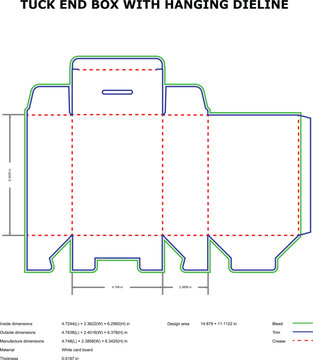 A technical drawing of a tuck end box with hanging dieline and measurements