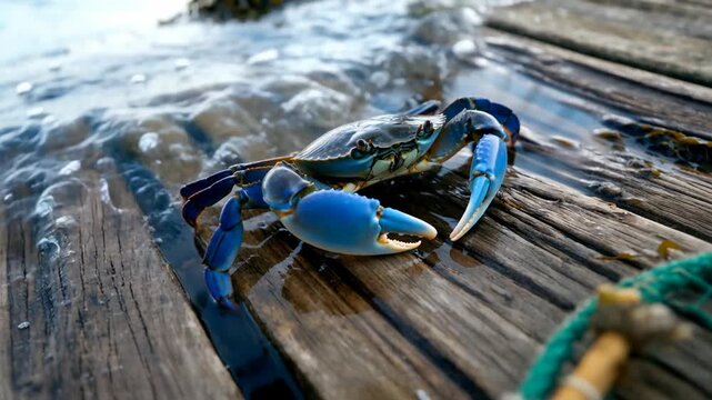 Blue crab resting on wet wooden surface reflecting surrounding nature, showcasing vibrant colors and intricate features of its shell