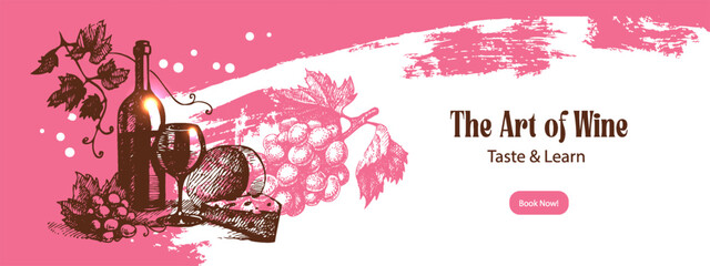 Obraz premium Hand drawn vintage wine banner with sketch illustrations. Isolated vector background. Wine festival, tasting event, design menu concept