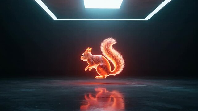 Digital animation of a glowing squirrel in a dark room with a soft light source, showcasing vibrant colors and smooth movements