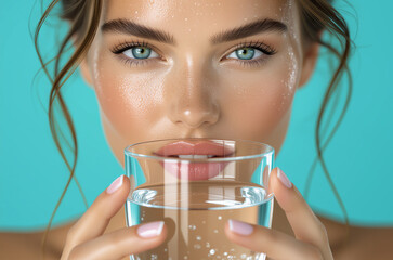 A beautiful model with hydrated skin holds a glass of water