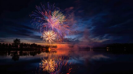 Holiday celebration event. A tranquil lake reflecting the vibrant colors of fireworks in the night sky, surrounded by lush trees. The sky is painted with a mix of deep blues and purples.