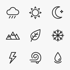 Fototapeta premium A set of Nature and weather icons. The weather icons include a sun, a moon, clouds, lightning, wind, and trees.