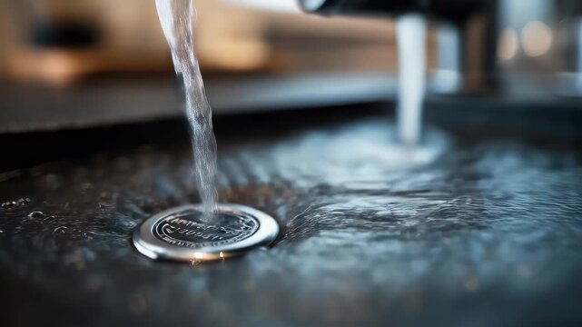 Closeup of a watersoluble safety seal dissolving under running water in focus against a softly blurred sink area showcasing sustainable and ecoconscious packaging solutions.