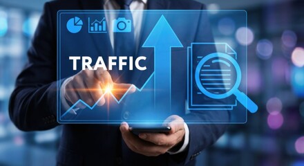 Website traffic and SEO data analysis concept. Businessman using a smartphone and pointing at a virtual screen with a growth chart.