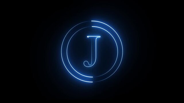 Glowing neon alphabet J . Animated neon letter 'J'. Educational concept with neon letter. Blue color alphabet on black background . 4k animation video.