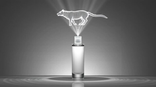 A transparent perfume bottle with a holographic projection of a tiger above it, against a sleek black background, creating a modern and sophisticated atmosphere