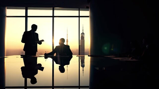 Cinematic video, silhouetted businessmen lawyers modern glass boardroom sunset, dramatic volumetric lighting long shadows sleek table floating documents intense negotiation atmosphere modern skyscrape