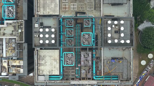 Vertical drone shot of cooling infrastructure at large data center in Indonesia