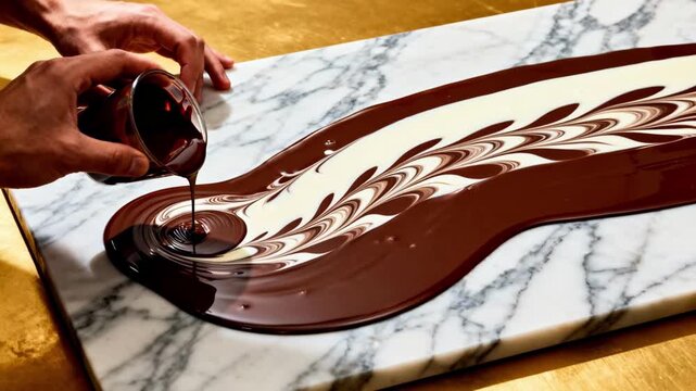 Artisan pouring and swirling creamy dark and white chocolate layers on a marble slab crafting intricate patterns for a visually stunning gourmet treat.