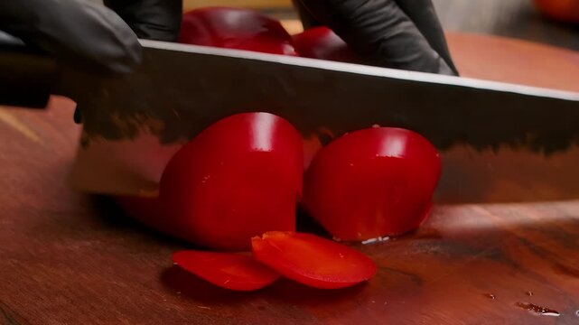 knife slicing red bell pepper on wooden board. Fresh vegetable ingredient preparation for filo pastry pie. Kitchen cooking process.