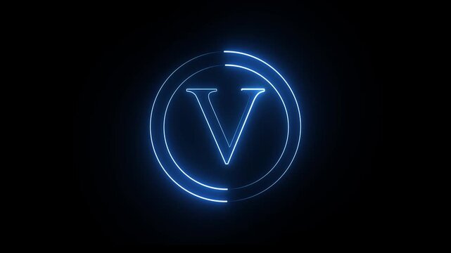 Glowing neon alphabet V . Animated neon letter 'V'. Educational concept with neon letter. Blue color alphabet on black background . 4k animation video.