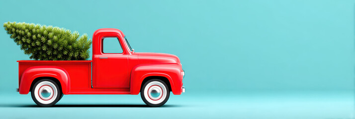 Obraz premium Red vintage truck carrying a Christmas tree on a bright blue background