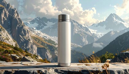 Obraz premium Stainless Steel Water Bottle Standing on Rocks, Against Mountain Range Landscape