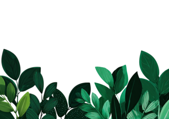 Luscious green leaves, painted or digital, frame a dark void, creating depth