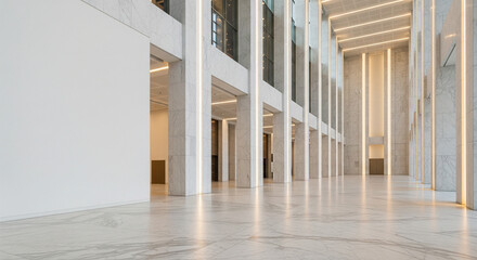 Naklejka premium Interior of Modern Building Atrium with Marble Columns, High Ceiling, and Natural Light Through Tall Windows