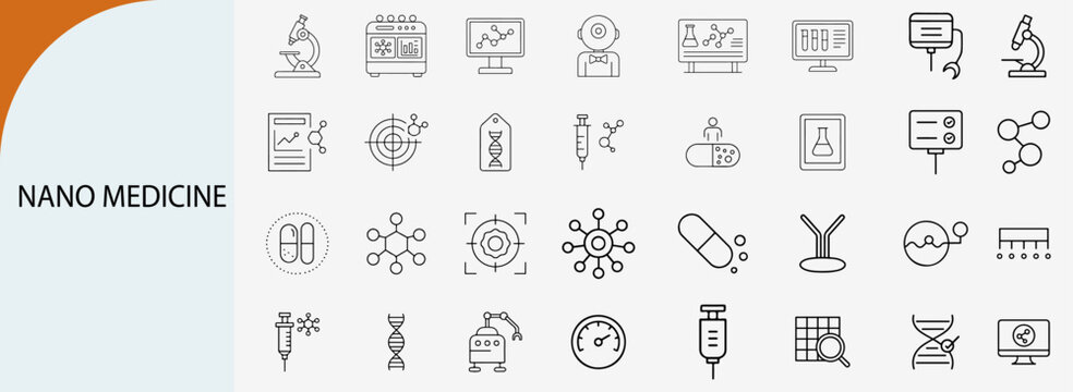 Nano medicine and nanotechnology healthcare line icons set for medical research