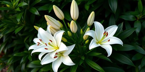 Fototapeta premium Elegant cluster of pristine white lilies, lush green foliage, gift, faith