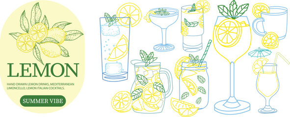 Hand drawn lemon drink and limoncello cocktail vector set with Mediterranean summer vibe. Fresh citrus slice, mint leaf, glassware, Italian beverage aesthetic, ideal for poster, menu, seasonal design. © Jonal
