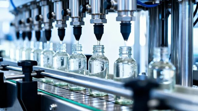 Automated filling system handling small retail bottles with speed and efficiency showcasing modern packaging technology in closeup view.