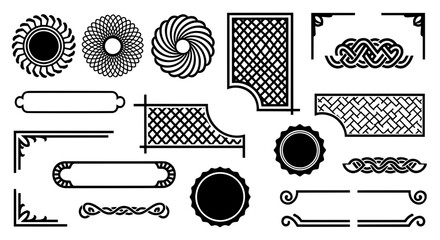 Black and white vector collection of grid corner frames, spiral rosettes, text banners, and badges for certificate design.
