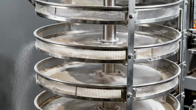 Metal framed sieves arranged in a multitier plansifter captured midoperation in an industrial setting emphasizing precision flour sifting and separation technology.