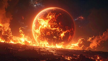 A large, fiery planet engulfed in flames and smoke