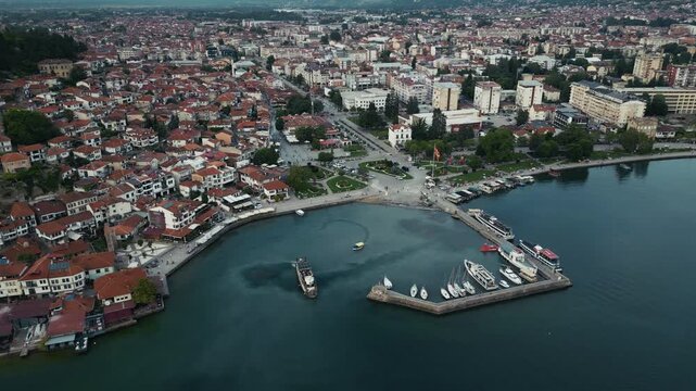 Stunning aerial view of Ohrid city on the shore of the lake, cityscape view, 4k