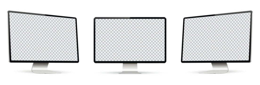 Realistic computer screen mockup. Computer display on three sides with empty screen isolated on white background