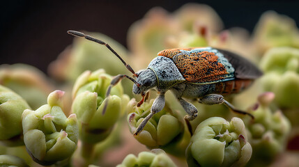 A bug is on a green leaf. The bug is brown and blue