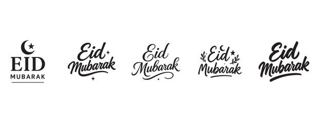 Eid Mubarak typography set with crescent moon and star icons © HENA