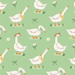 Seamless pattern of geese on a green background. Cute vector illustration in a simple hand-drawn cartoon style. Children's textiles © Every Creat