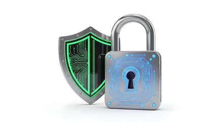A padlock and shield with circuit board designs on a white background Fundo branco