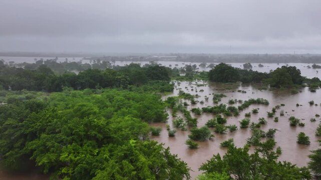 Aerial view of a landscape submerged in muddy floodwater, with treetops peeking through the surface, Boane, Maputo Province, Mozambique.