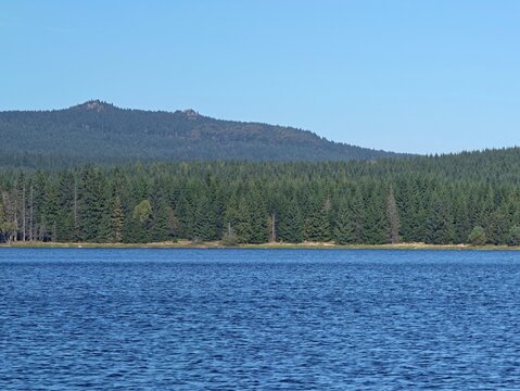 vast outdoor landscape imagery, peaceful lakeside view with mountain outline across wooded area