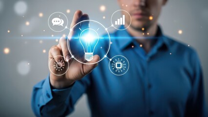 Hand interacting with digital light bulb icon isolated on transparent background