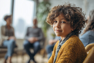 Child with curly hair smiles in supportive group therapy session setting